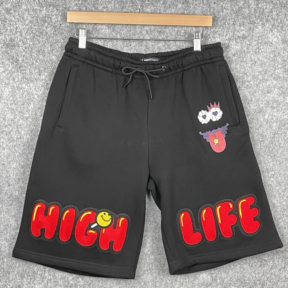 Roku Studio High Life Cartoon Graphic Fleece Shorts Mens L Streetwear Embroidery
